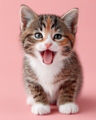 Obraz premium Fluffy kitten meowing against a pink background, exuding cuteness and playfulness.