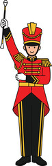 Cartoon drum major in red uniform holding baton, ceremonial marching band leader illustration for parade, music event, and festive performance