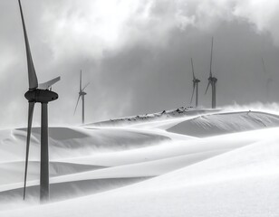 Snowy wind turbines on a hill
