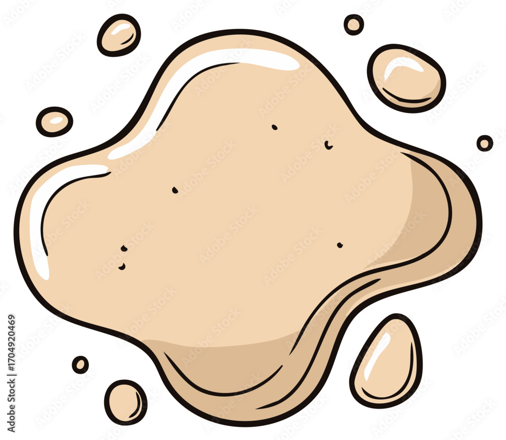 Poster cartoon illustration of a beige liquid splat or fluid blob design element with droplets