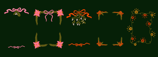 Merry Christmas vector borders set for postcards, invintations, greeting cards design. Collection of groovy funky cartoon xmas frame illustration with mistletoe, ornaments, bow ribbon, fir wreath