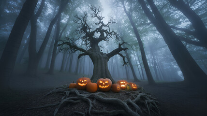 Halloween pumpkins glowing beneath a spooky tree in a misty forest with tall dark trees around it .