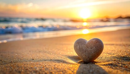 Sandy beach scene at sunset. A heart-shaped stone sits by the water's edge, bathed in golden light. Waves gently lap the shore