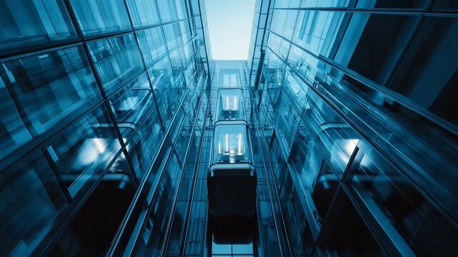 Modern glass building with elevators in urban setting