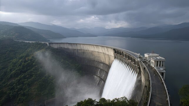 A majestic dam releases water into a serene lake surrounded by mountains under a cloudy sky, showcasing the beauty of engineering and nature.