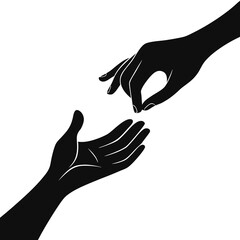 Obraz premium Vector art of two black silhouette hands reaching for each other on a