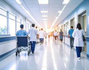 Hospital hallway, staff, patient, wheelchair, busy