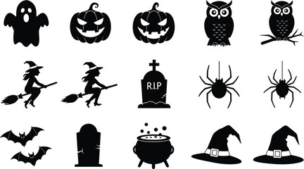 Halloween spooky vector icons set including ghost, witch, pumpkin, spider, bat, owl, cauldron, hat, and gravestone.