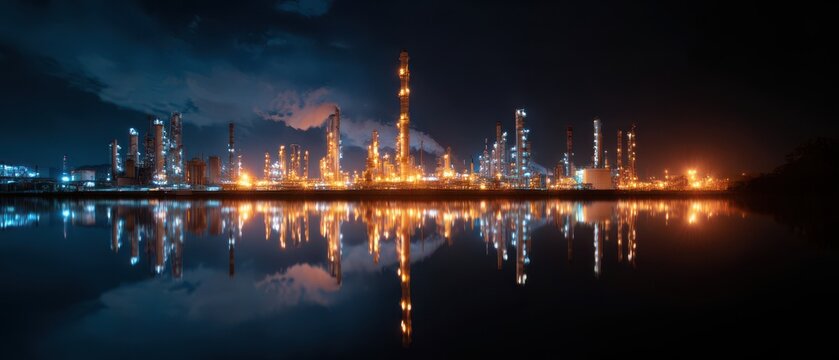 A nighttime industrial landscape featuring illuminated structures reflecting on water, showcasing a mix of technology and nature.