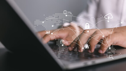 Hands Typing on Laptop with Global Map and Digital Icons Representing Cybersecurity and Worldwide Communication