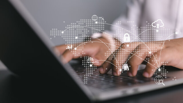 Hands Typing on Laptop with Global Map and Digital Icons Representing Cybersecurity and Worldwide Communication