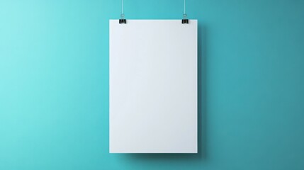Blank poster mockup with paper clips hanging against a vibrant blue background in a minimalistic style showcasing high-resolution details designed for creative presentations