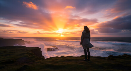 Fototapeta premium Woman watching a breathtaking and dramatic sunset over the stormy sea from a high cliff edge. Concept of solitude and adventure