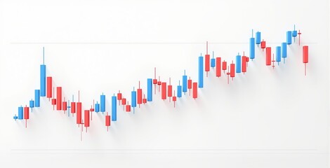 Creative 3D candlestick chart with red and blue bars on white background showing financial market fluctuations and investment trend analysis concept. Ai generative