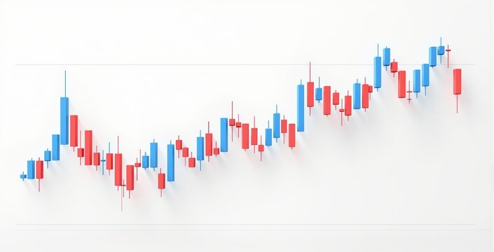 Creative 3D candlestick chart with red and blue bars on white background showing financial market fluctuations and investment trend analysis concept. Ai generative