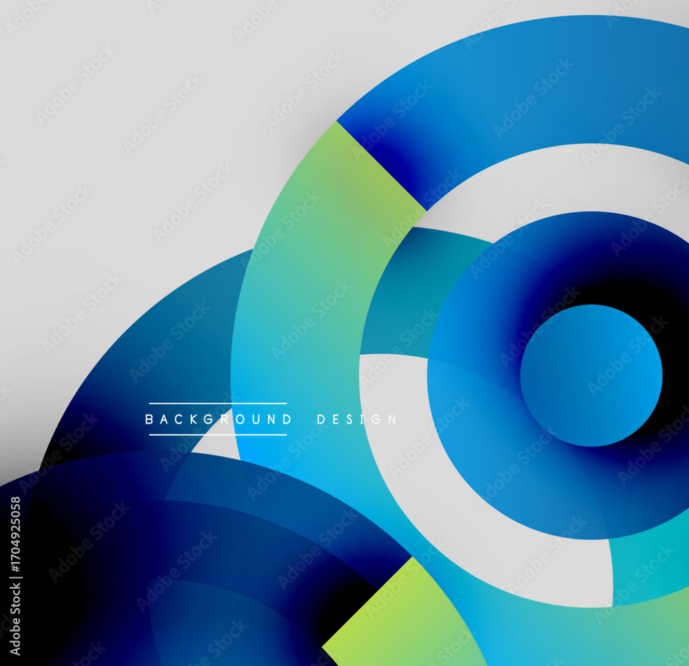 Poster abstract circular design. blue, green hues blend, creating dynamic visual effect. modern, minimalist