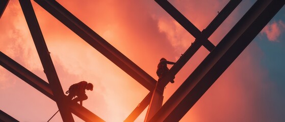 Silhouettes of workers on steel structures against a vibrant sunset, capturing the essence of construction and teamwork in an industrial setting.