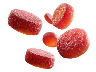 Assorted red gummy candies isolated on transparent background