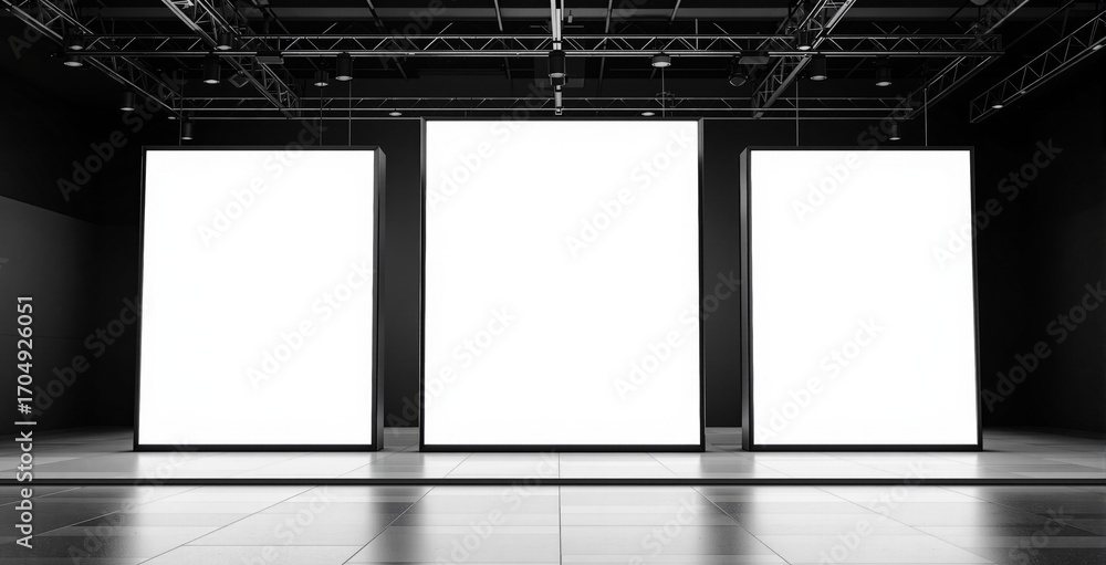 Poster Three large illuminated vertical display panels on modern indoor stage with industrial ceiling lights and metallic framework background setup. Ai generative