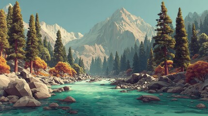 Low polygon art style reveals morning light on snowy Mountains, evergreen trees, and a river in national park at daytime