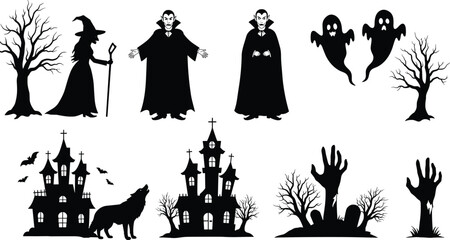 Halloween vector collection featuring witches, vampires, ghosts, haunted houses, spooky trees, wolves, zombie hands, and eerie Halloween silhouettes.