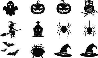 Halloween vector icons set featuring ghost, pumpkin, owl, witch, tombstone, spider, bats, cauldron, and witch hats for spooky designs.