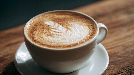 Latte art white cup on saucer with leaf design on frothy coffee drink resting on wood surface