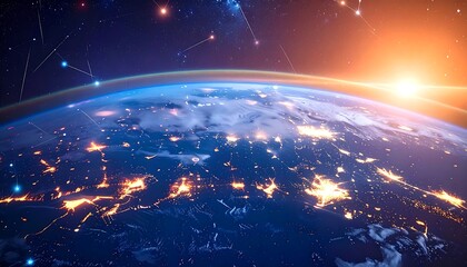 Obraz premium Earth at night, stars, and sunrise from space