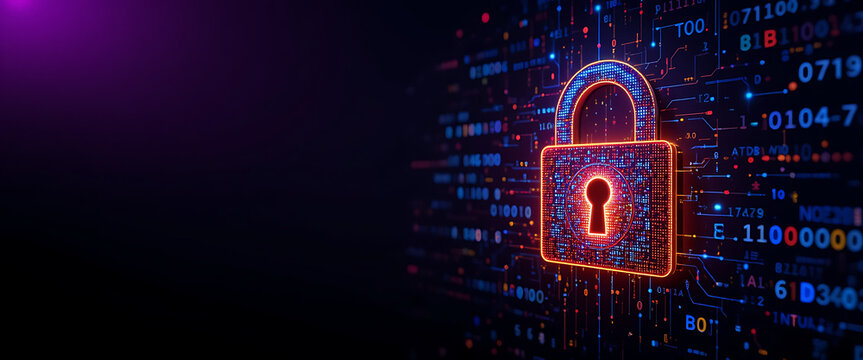 Glowing Halloween theme golden and blue combination Binary codes forming digital 4d glowing metal lock shape for cyber security, in dark purple gradient background, violet light render used, perfect b