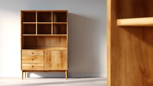 Wooden bookcase interior scene