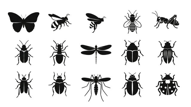 High-Quality Black Silhouette Icon Set of Bugs and Insects &ndash; Vector Nature Symbols