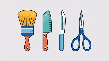 Handy Home and Craft Tools Paint Brush Knives and Scissors Vector Icon Set