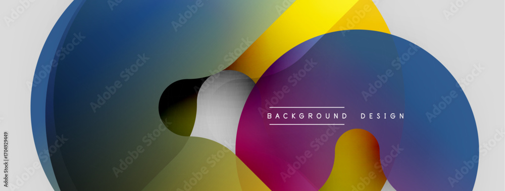 Poster abstract colorful shapes overlap, creating dynamic visual effect. gradient hues blend, forming moder