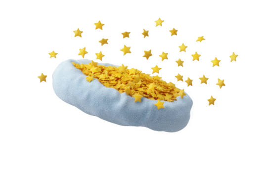 Pile of gold star confetti scattered around a fluffy object isolated on transparent background