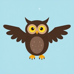 Charming flat vector illustration of a brown horned owl spreading its wings against a simple light blue background