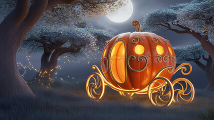 A pumpkin carriage in a forest under a full moon with glowing lights and detailed designs around it .