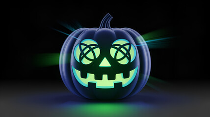 Glowing halloween pumpkin with crossed eyes and a toothy grin on a dark background with green streaks .