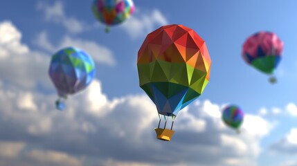 Naklejka premium Colorful Geometric Hot Air Balloons Flying in Bright Blue Sky with Clouds