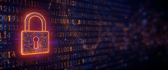 Glowing Halloween theme golden and blue combination Binary codes forming digital 4d glowing metal lock shape for cyber security, in dark purple gradient background, violet light render used, perfect b