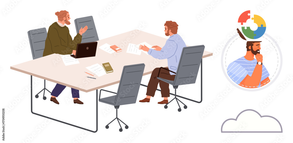 Poster colleagues at a table discussing ideas with a laptop and documents one person visualizing a concept.