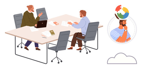 Colleagues at a table discussing ideas with a laptop and documents one person visualizing a concept. Ideal for teamwork, brainstorming, planning, creativity, innovation, communication, business