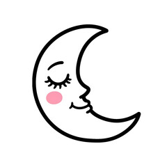 Cute Crescent Moon Face Doodle, Sleeping Starry Night.
