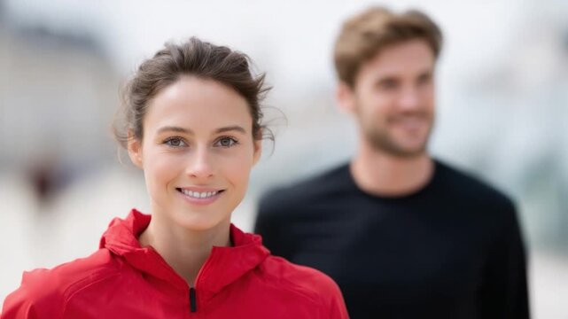 This footage showcases a joyful woman in a red jacket walking outdoors. The upbeat vibe highlights companionship and confidence in everyday life. Generative AI