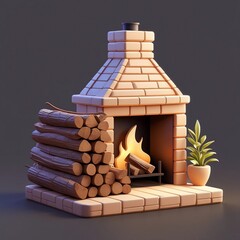 Charming 3D Rendered Fireplace Scene with Warm Glowing Hearth and Stacked Firewood