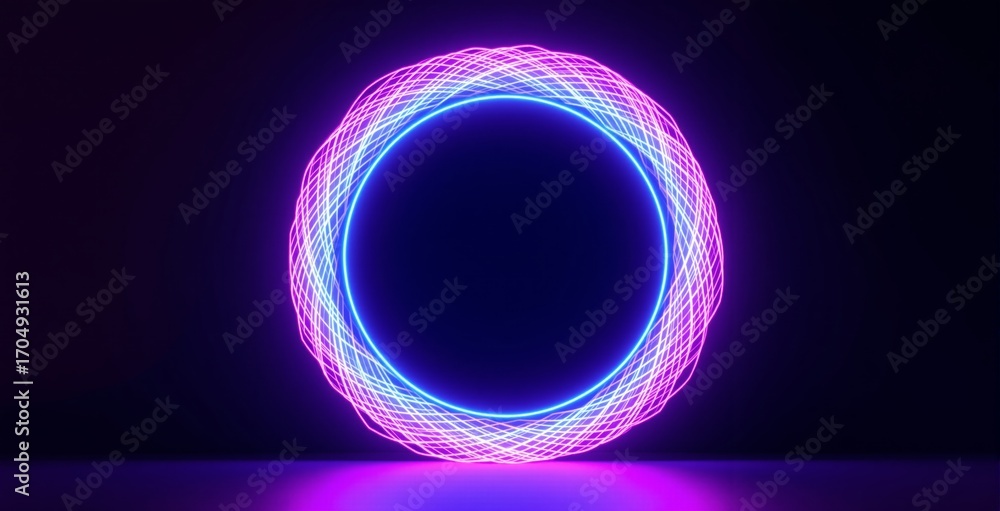 Poster glowing neon geometric circular shape with vibrant pink and blue light trails on dark background wit