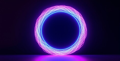 Glowing neon geometric circular shape with vibrant pink and blue light trails on dark background with futuristic abstract design concept. Ai generative