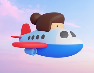 Girl pilot flying plane, sunset clouds