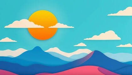 Paper cut style landscape, minimalist blue sky, flat design, sun, clouds, hills, mountains,  scenery,  calm