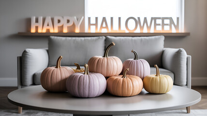 Pastel pumpkins on a round table with happy halloween sign above a sofa in a living room setting .