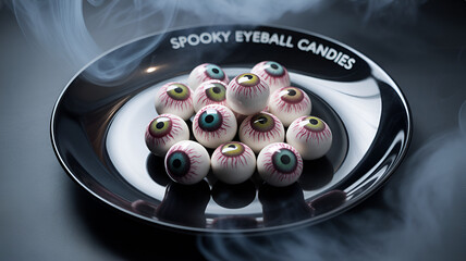 Spooky eyeball candies on a black plate with smoke creating a halloween themed still life image .
